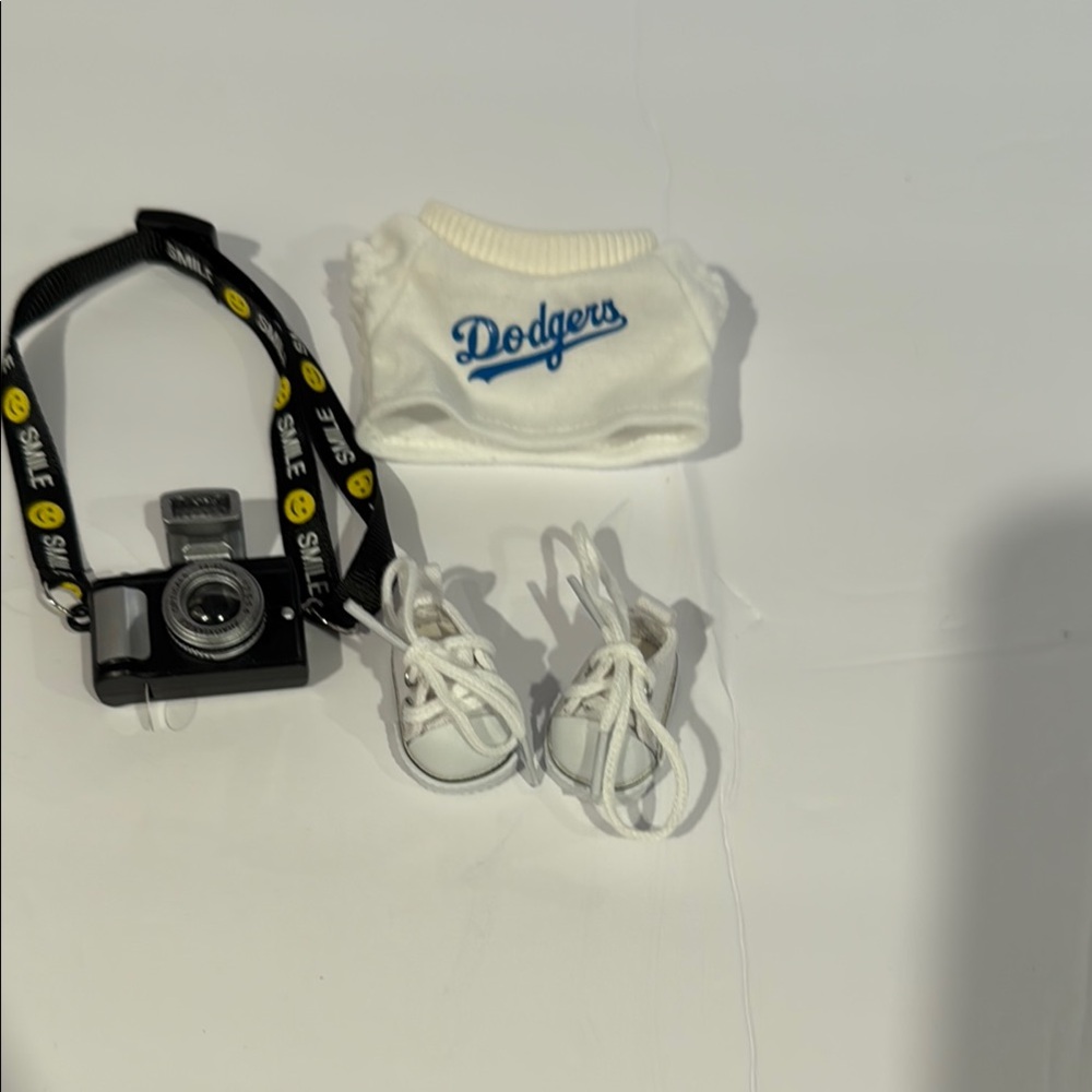 Labubu Outfit Set - White Dodgers with white Converse shoe and a flashing Camera